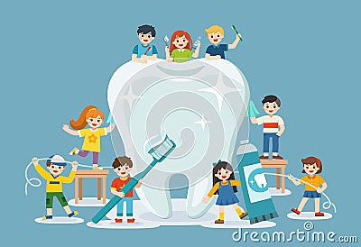 Group of smiling boys and girls standing next to big white tooth. Vector Illustration
