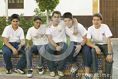 Group of smiling boys in village of Southern Spain off highway A49 west of Sevilla Editorial Stock Photo