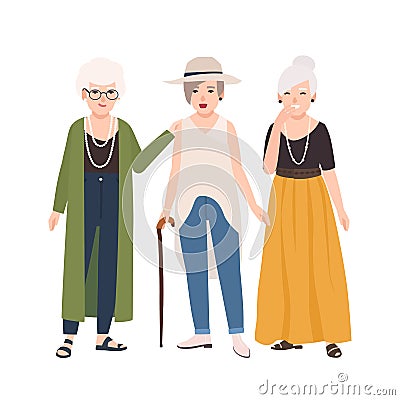 Group of smiling elderly women dressed in elegant clothes standing and talking to each other. Old ladies walking Vector Illustration
