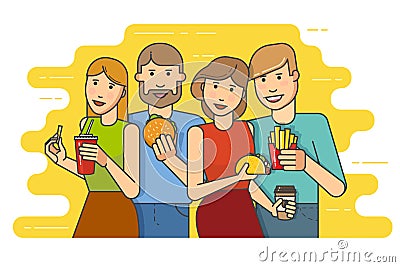 Group of smiling friends with fast food Vector Illustration