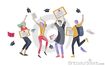 Group smiling graduates people in graduation gowns holding diplomas and happy Jumping. Vector illustration concept Vector Illustration