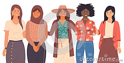 The women s international community. Interracial friendship and unity. Race differences. Flat image Vector Illustration