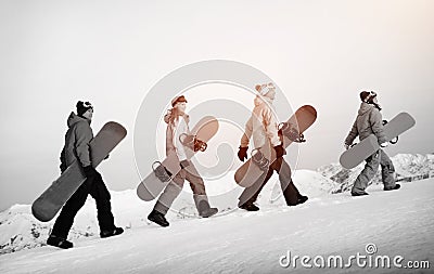 Group of Snowboarders Extreme Skiing Concept Stock Photo