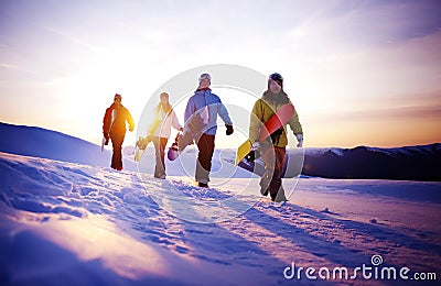 Group of Snowboarders on Top of the Mountain Stock Photo