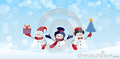 Group of snowman characters with gifts and Christmas tree on a winter snowy background. Christmas banner with holiday design Vector Illustration