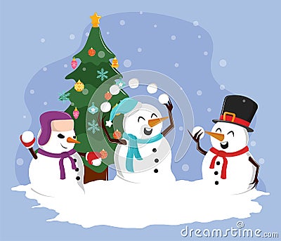 group snowman and tree Vector Illustration