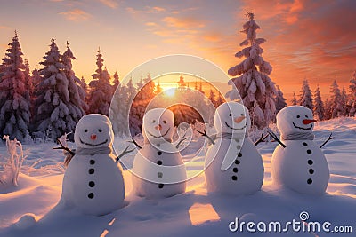 Group of snowmen on snow covered field in winter with spruce tree forest. Stock Photo