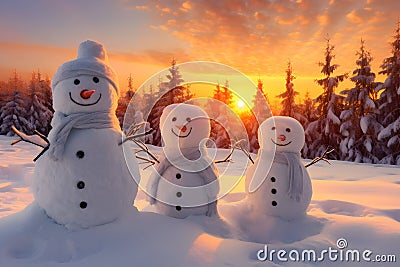 Group of snowmen on snow covered field in winter. Stock Photo