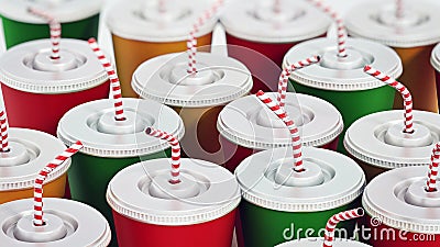 Group of soda cans with straws. 3D illustration Cartoon Illustration