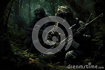 Group of soldiers in the dark forest with gas mask and assault rifle, Stealthy Shadows: Elite soldiers in camouflage uniforms and Stock Photo