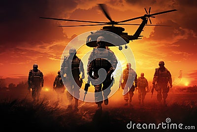 A group of soldiers in full military gear walking towards a helicopter on a tarmac ready for deployment, Infantry soldiers and Stock Photo