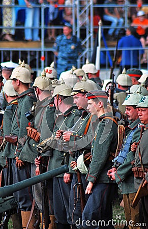 A group of soldiers-reenactors. Osovets battle reenactment Editorial Stock Photo