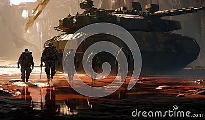 Group of soldiers walking. A group of soldiers walking towards a tank Stock Photo