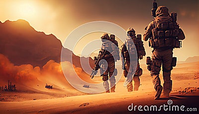 Group of soldiers walking on the road in the desert. Generative AI Stock Photo