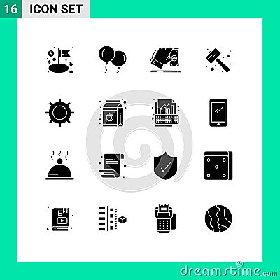 Group of 16 Solid Glyphs Signs and Symbols for basic, smash, hand, pound, knock Vector Illustration