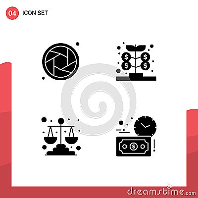 Group of 4 Solid Glyphs Signs and Symbols for camera, law, fund, money, budget estimate Vector Illustration