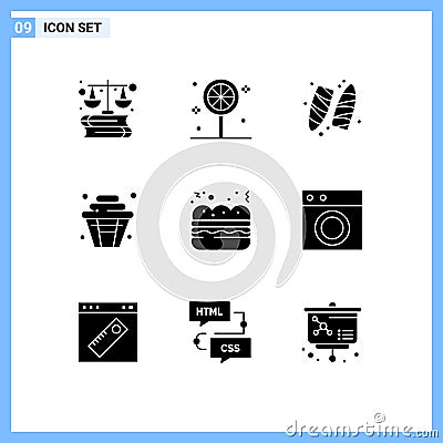 Group of 9 Solid Glyphs Signs and Symbols for food, pie, sports, party, cup Vector Illustration