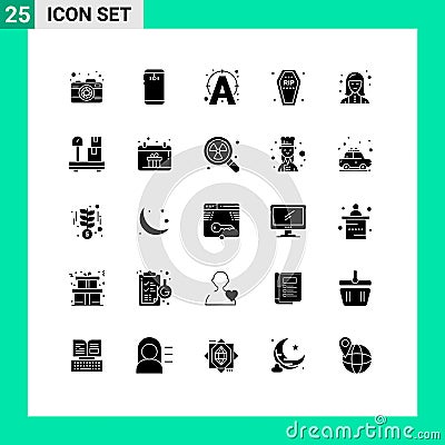 Group of 25 Solid Glyphs Signs and Symbols for halloween, death, back, coffin, connect Vector Illustration