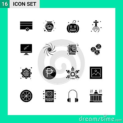 Group of 16 Solid Glyphs Signs and Symbols for imac, monitor, horror, computer, cross Vector Illustration
