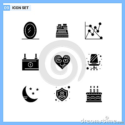 Group of 9 Solid Glyphs Signs and Symbols for like, love, graph, heart, power Vector Illustration