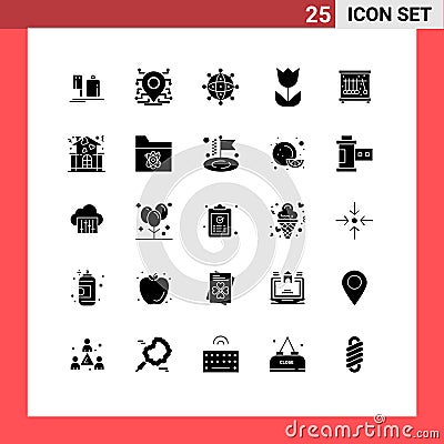 Group of 25 Solid Glyphs Signs and Symbols for photo, flower, security, camera, valentine Vector Illustration