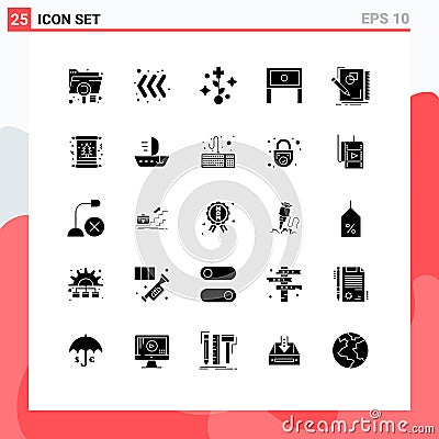 Group of 25 Solid Glyphs Signs and Symbols for sketching, table, medical, interior, home Vector Illustration