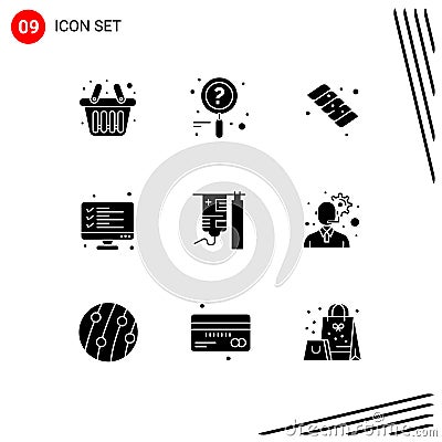 Group of 9 Solid Glyphs Signs and Symbols for treatment, hospital, marshmallow, drip, list Vector Illustration