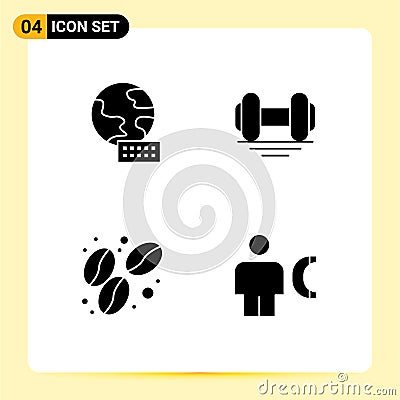 Group of 4 Solid Glyphs Signs and Symbols for world, food, dumbbell, lift, body Vector Illustration