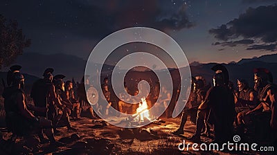A group of Spartan Hoplites gather around a fire to share stories of their past battles. Their bond as brothers in arms Stock Photo