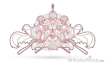 Group of Spartan warriors, Roman Helmet composition graphic vector Vector Illustration