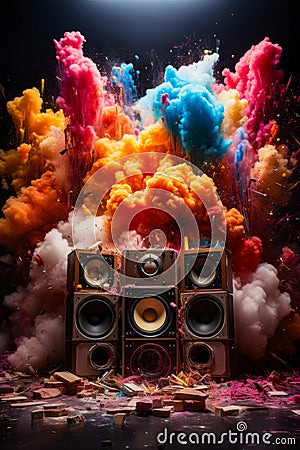 Group of speakers sitting on top of pile of colored smoke. Generative AI Stock Photo