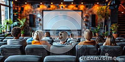 A group of spectators sits in the auditorium in front of the screen. An audience of students watches TV.Generated by AI. Stock Photo