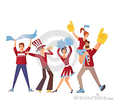 Group of sport fans with attributes cheering for the team. Flat vector illustration on a white background. Isolated Vector Illustration