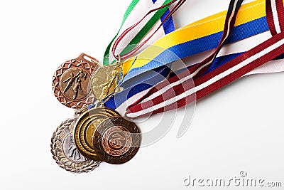 Group of sport medals on white background Stock Photo
