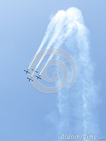 A group of sports airplanes show in the sky an aerobatic show dedicated to the 70th anniversary of the Independence of Israel Stock Photo