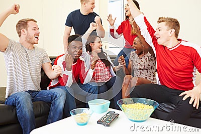Group Of Sports Fans Watching Game On TV At Home Stock Photo