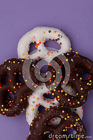 Group of stale, frezer burned chocolate pretzels Stock Photo