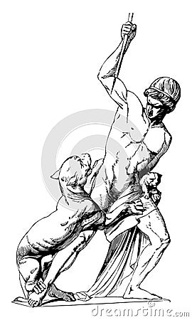 Group of Statuary represents a man defending himself from a tigress vintage engraving Vector Illustration