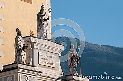Group of Statues on the Facade of the Cathedral of Bressanone, in Italy Editorial Stock Photo