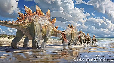 A group of Stegosaurs recognizable by their plated backs searching for tasty sea gr poking through the sand Stock Photo