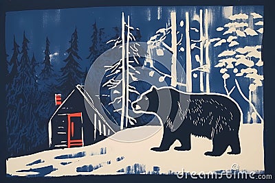 Winter House, cabin, in the snowy winter Forest, background image, winter landscape Cartoon Illustration