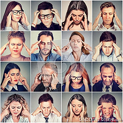 Group of stressed sad people men and women having headache Stock Photo