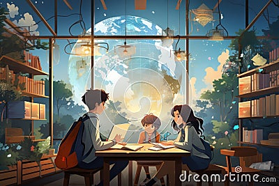 group student in class room, students in a library, Round table discussion, illustrator, Generative AI Stock Photo