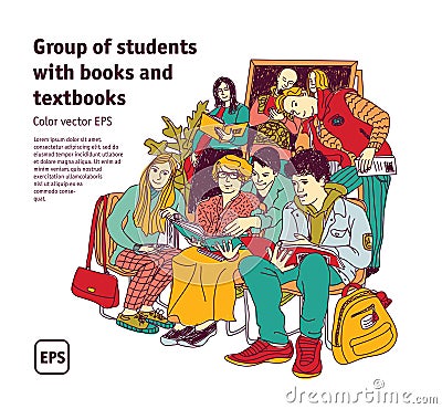 Group students with books and textbooks isolate on white Cartoon Illustration