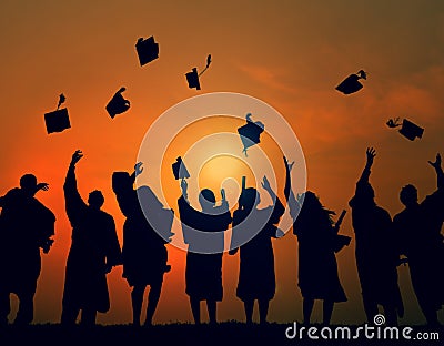 Group Students Celebrating Graduation Silhouette Concept Stock Photo