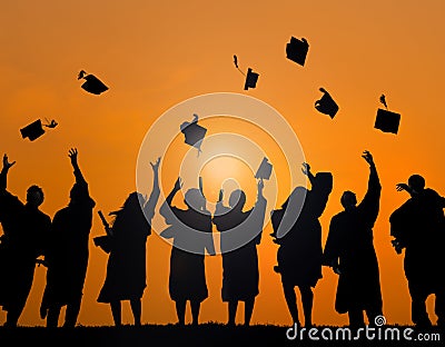 Group Students Celebrating Graduation Silhouette Concept Stock Photo