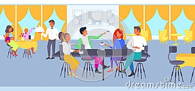 Group of students drinking coffee together friends sitting at cafe table teenagers having conversation during meeting Vector Illustration