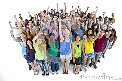 Group of Students Raising Their Arms Stock Photo