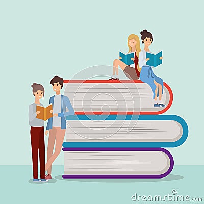 Group of students reading books Vector Illustration