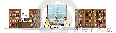 Group of students study in the library Vector Illustration